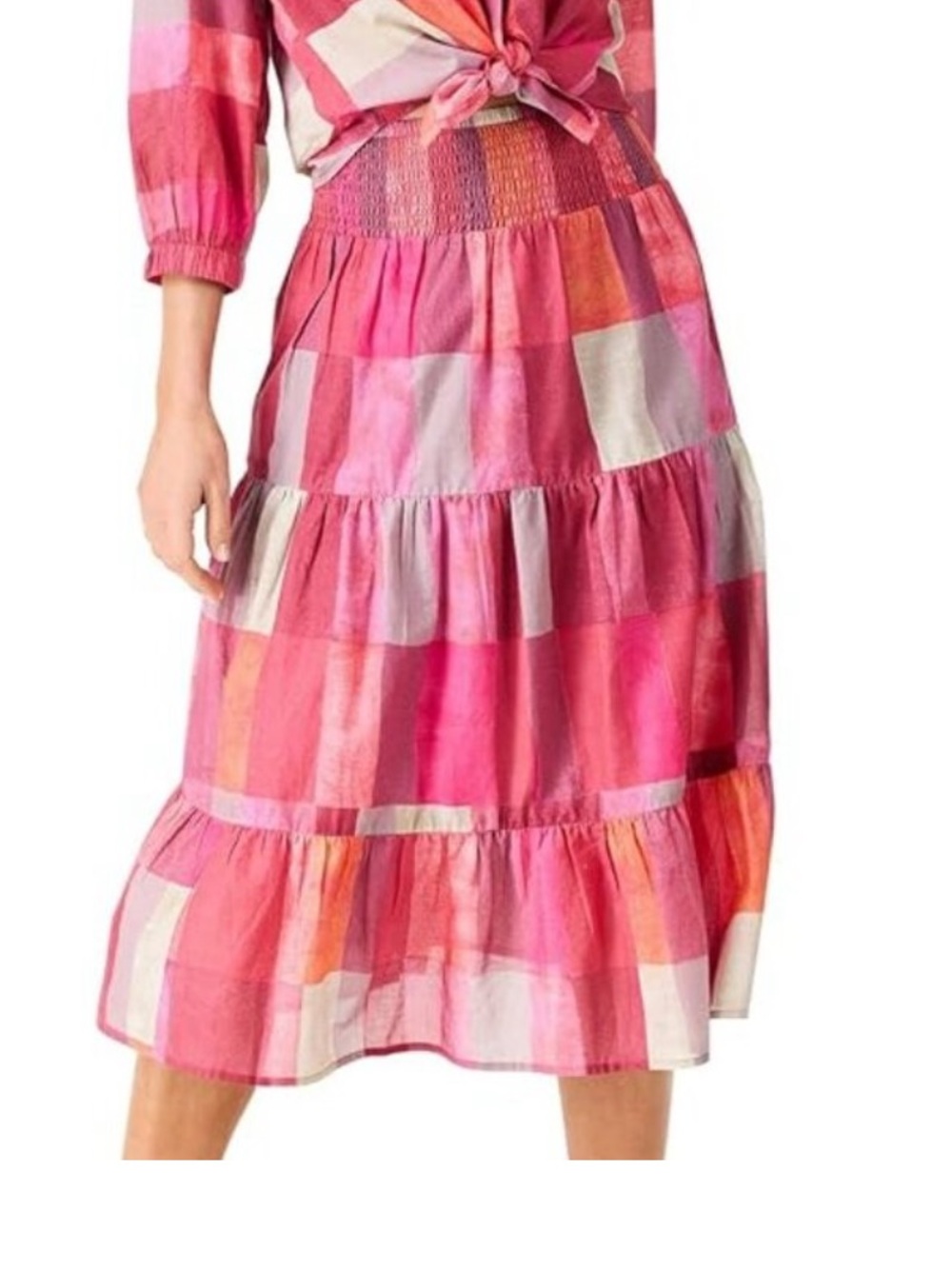 NIC+ZOE Pink Patchwork Tiered Midi Skirt with Smocked Waist